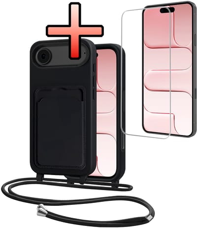 Hoes Geschikt voor iPhone Air Hoesje Pasjeshouder Cover Met Koord Case Siliconen Hoes Met Telefoonkoord en Kaarthouder Met Screenprotector - Zwart