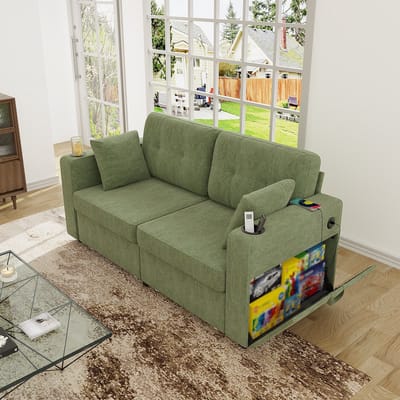 MODENUIT 2-Zitsbank 172 cm - Met Opberglades, USB-Aansluitingen en Bekerhouders - Voor Woonkamer - Chenille Olijf