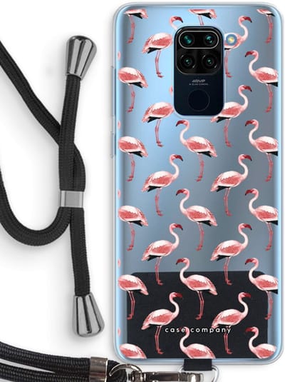 Case Company® - Hoesje met koord geschikt voor Xiaomi Redmi Note 9 hoesje met Koord - Flamingo - Telefoonhoesje met Zwart Koord - Bescherming aan alle Kanten en Over de Schermrand