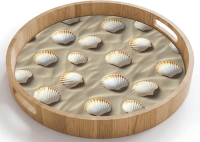 Dienblad rond 40x40 cm - Schootdienblad hout - Schelpen - Zand - Maritiem - Borrelplank rechthoek - Plateau houten dienbladen