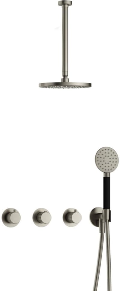 Hotbath Cobber X - CX7067 - Inbouw Regendoucheset - Geborsteld Nikkel - 2 Stopkranen - Thermostatisch - Plafondbuis 30 cm - Hoofddouche 200 mm - Ronde Handdouche 3 Standen - Waterbesparend