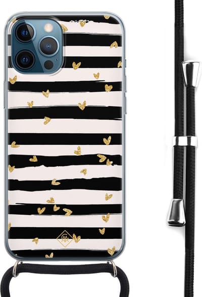 Casimoda® hoesje met koord - Geschikt voor iPhone 12 Pro Max - Hart Streepjes - Afneembaar koord - Siliconen/TPU - Zwart