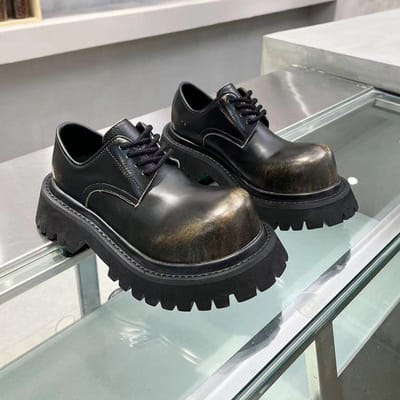 Heren Grote Hoofd Britse Gepolijste Retro Platform Verhogende Kleine Leren Ronde Neus Loafers Derby Schoenen 40 black