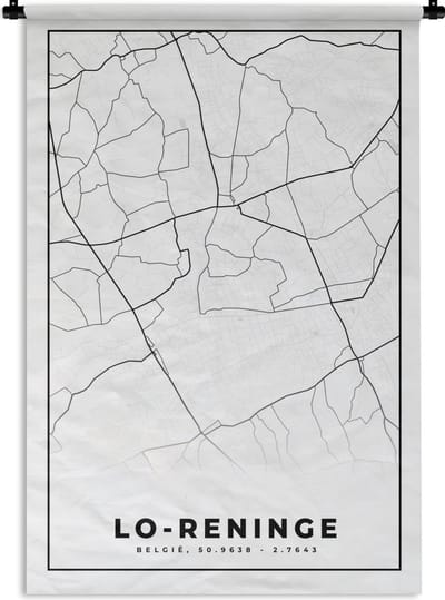 Wandkleed - Wanddoek - Stadskaart – Plattegrond – België – Zwart Wit – Lo Reninge – Kaart - 120x180 cm - Wandtapijt
