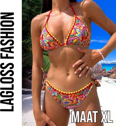 LaGloss® 2-delig Retro Dames Bikini Rood – Halter Bikini met Retroprint en Striksluiting – Beach Fashion – Strandmode – Maat XL