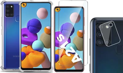 Hoesje geschikt voor Samsung Galaxy A21s - Screenprotector Glas & Camera Screen Protector - Transparant Shock Case