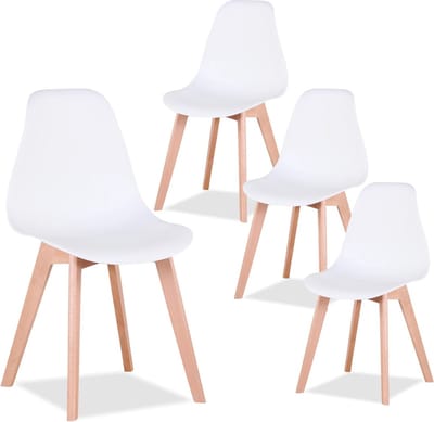 SteeFly® Luxe eetkamerstoelen - Set van 4 design stoelen - Ergonomisch comfort - Wit met hout onderstel - Zithoogte: 43 cm