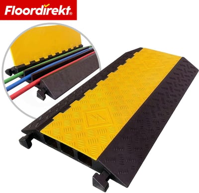 Floordirekt Kabelbrug van Rubber met PVC-Klep - Kabelbeschermingsbrug 1 - 5 Kanalen tot 20 t Belastbaar - Zwart/Geel - 3 Kanalen - Orion - 90 x 49 x 8 cm - 6 Varianten - Geschikt voor alle Kabelgroottes