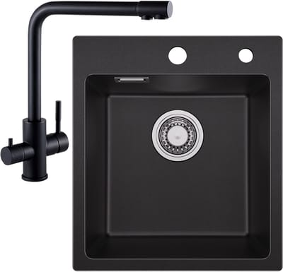 SOFETIY MAX Granieten Spoelbakken 40*45cm - Spoelbak Keuken Met 3 Wege Keukenkraan - Gootsteen Met Waterafvoersysteem - Wasbak Keuken Zwart