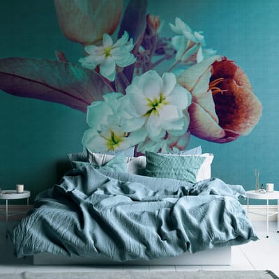 Fotobehang Profhome 382691-GU vliesbehang hardvinyl warmdruk in reliëf glad met bloemen patroon mat blauw paars wit 3,71 m x 2,8 m