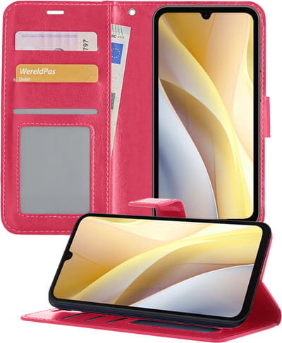 Hoesje - Met Pasjeshouder - Geschikt voor Samsung Galaxy A15 - Luxe Bookcase Portemonee - Flip Case - Kunstleer Book Case - Flipcase - Book Cover - Walletcase - Portemonneehoes - Telefoonhoesjes - Donkerroze