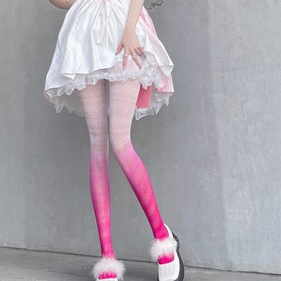 Dames Retro Jacquard Visnet Lolita Panty Gemengde Kleurverloop Vrouwen Uitgesneden Kawaii Panty Anime Schattig Meisje Netkousen 155-175cm