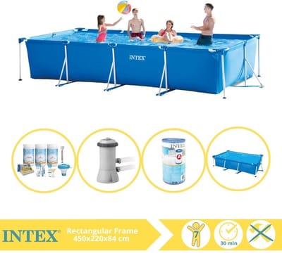 Intex Rechthoekig Frame Zwembad - 450 x 220 x 84 cm - Blauw - Inclusief Solarzeil - Onderhoudspakket - Zwembadfilterpomp - Filter - 5-delig