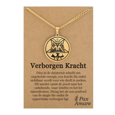 Duivel Ketting op Cadeau Kaartje - "Verborgen kracht" - Goudkleurig - Mystieke Talisman / Medalion - Roestvrij Staal Hanger - 60cm