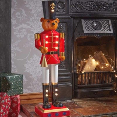 80 cm Teddy Notenkraker Soldaat Standbeeld met LED-verlichting - Handgeschilderde Kerst Decoratie - Metalen Notenkraker Ornament voor Kerstversiering