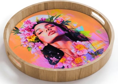Dienblad rond 40x40 cm - Schootdienblad hout - Portret - Bloemenkroon - Vrouw - Borrelplank rechthoek - Plateau houten dienbladen