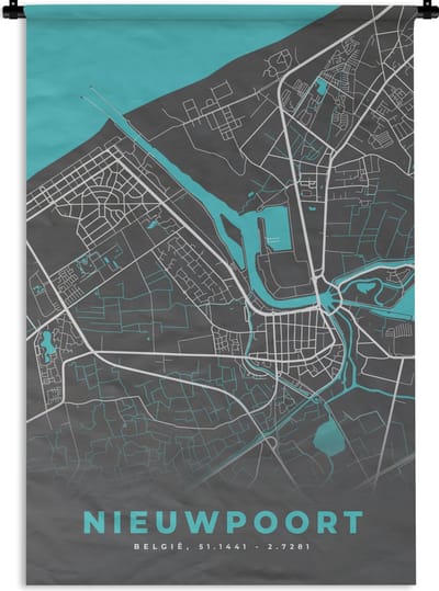 Wandkleed - Wanddoek - België – Nieuwpoort – Stadskaart – Kaart – Blauw – Plattegrond - 120x180 cm - Wandtapijt