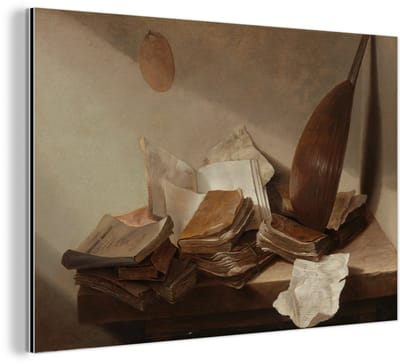 Aluminium schilderij 180x120 cm - Wanddecoratie metaal - Stilleven met boeken - Schilderij van Jan Davidsz. de Heem - Metalen muurdecoratie woonkamer - Decoratie industrieel - Foto op dibond - Industriële accessoires slaapkamer