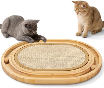 Krabplank Kat Ovaal - Houten Kogelbaan met 3 Rollende Ballen - Antislip Sisal Krabmat & Actief Krabspeelgoed voor Kittens & Kleine Katten