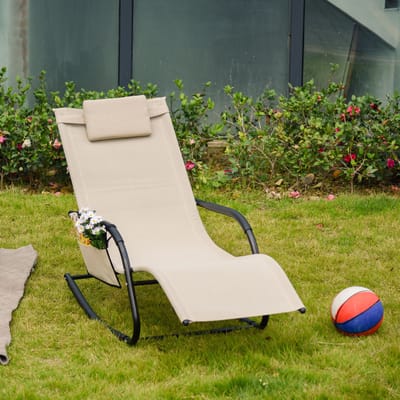 Chaise Longue - Schommelende Relaxligstoel Met Afneembaar Zijvak En Kussen - Voor Tuin, Balkon En Binnen - Metaal Beige