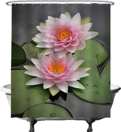 Ulticool Douchegordijn - Waterlelie Vijverplanten Spa Rust Aarde Kunst Plant Bloemen - 180 x 200 cm - met 12 ringen - Anti Schimmel - Waterdicht & Wasbaar - Semi Transparant - Roze Groen Grijs