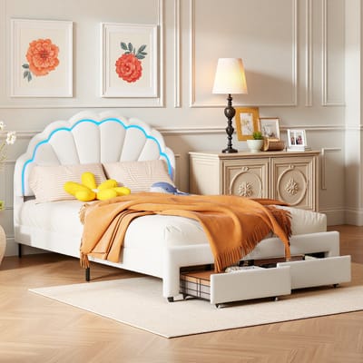 Kinderbed 140x200cm met ledverlichting en lades, schelpvormig gewatteerd bed voor kinderen en tieners, wit