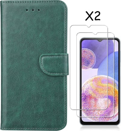 Hoesje Geschikt Voor Samsung Galaxy A23 4/5G hoesje bookcase Groen - Hoesje Geschikt Voor Samsung Galaxy A23 4/5G bookcase portemonnee Hoesje Geschikt Voor Samsung Galaxy A23 screenprotector / 2X Beschermglas
