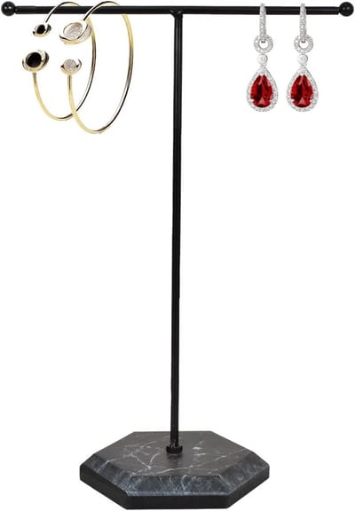Elegante T-Bar Sieraden Organizer met Marmer Tray voor Oorbellen, Armbanden en Ringen - Metalen Hangrek voor Sieraden en Sleutels