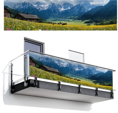 Balkonscherm 300x80 cm - Balkonposter Alpen - Weide - Bergen - Koeien - Balkon scherm decoratie - Balkonschermen - Balkondoek zonnescherm