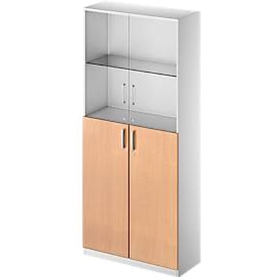 Schäfer Shop Genius Combikast TETRIS SOLID, 6 ordnerhoogten, glazen deuren en vleugeldeuren, B 1000 mm, afsluitbaar, glas/beukenpatroon/blank aluminium