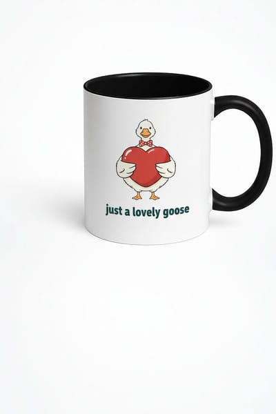Mok met Schattige Gans & Hart - "Just a Lovely Goose" Design - Witte Koffiemok met Zwart Handvat