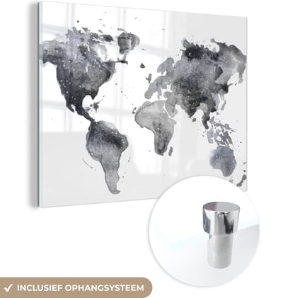 MuchoWow® Glasschilderij 120x90 cm - Schilderij acrylglas - Wereldkaart - Abstract - Grijs - Waterverf - Foto op glas - Muurdecoratie woonkamer - Wanddecoratie slaapkamer - Schilderijen