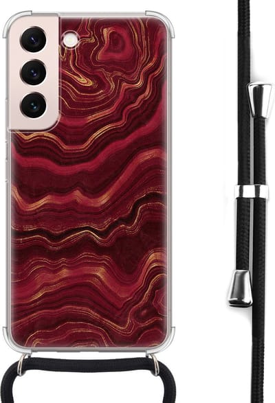 Hoesje met koord - Geschikt voor Samsung Galaxy S22 - Marmer rood agate - Verstelbaar zwart koord - Crossbody - Marmer - Transparant - Leuke Telefoonhoesjes