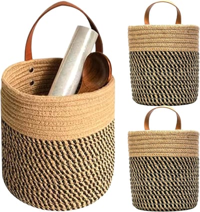 Set van 2 hangende bloemenmanden met handvatten, 2,5 x 2,7 inch, hangende opbergmanden, wandbloempotten, geschikt voor woonkamers, voordeuren, balkons en tuinen.