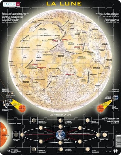 Larsen La Lune – Puzzle – Espace – Lune et Astronomie – Puzzle éducatif pour enfants – 70 pièces – Fabriqué en Norvège – Pièces extra épaisses de 2,5 mm – Plateau avec bord fixe