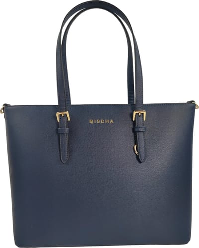 Qischa® - Grote schoudertas/Tas Dames - Saffiano - Extra hoog - geschikt voor A4 mappen/laptop - Ideaal te gebruiken voor school of werk - DONKERBLAUW - gouden hardware