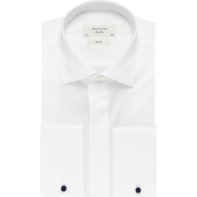 Profuomo slim fit heren smoking overhemd dubbele manchet - twill - wit - Strijkvriendelijk - Boordmaat: 42