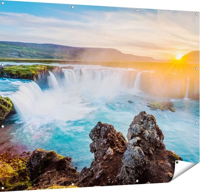 Gards Tuinposter Watervallen bij Zonsondergang - 150x120 cm - Tuindoek - Tuindecoratie - Wanddecoratie buiten - Tuinschilderij