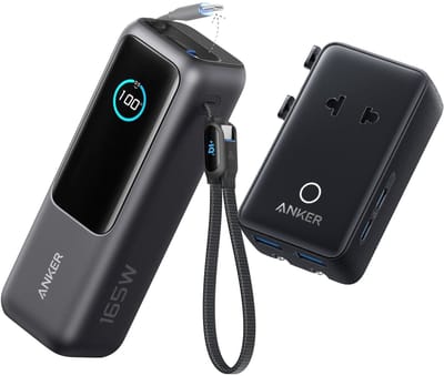 Anker PowerCore 25K Powerbank 25.000mAh - 165W - 3x 100W USB-C Poorten - Zwart + Anker Nano reisadapter, USB-stekker 5-poorts stroomadapter met 1 AC, 2 USB-A en 2 USB-C poorten - Zwart