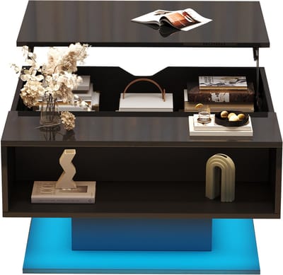 Salontafel Zwart - Salontafel Met Liftblad - LED Verlichting - Verborgen Opbergruimte - 40kg Draagvermogen – Voor Woonkamer – 80x75x40cm - Zwart