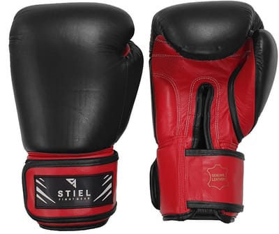 Stiel Pro Bokshandschoenen - Leer - Zwart met rood (Beschikbaar in verschillende maten)