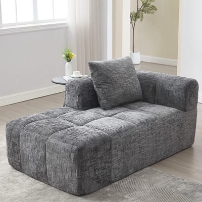 PugsdrlyComfortabele chaise longue, geen montage nodig, zachte bank met kussen, zijvakken voor afstandsbediening en mobiele telefoon, verzorgd en elegant, grijs