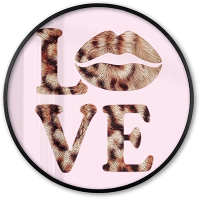 Poster in lijst Rond - Fotolijst 60x60 cm - Posters - Tekst - Love - Pantervacht - Lichtroze - Ronde posterlijst zwart - Decoratie - Wanddecoratie woonkamer - Muurdecoratie slaapkamer