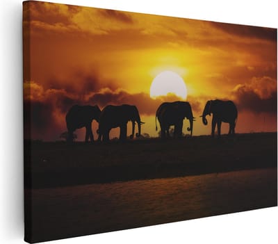 Artaza Canvas Schilderij Olifanten Kudde - 30x20 cm - Klein - Wanddecoratie Afrikaanse Dieren - Muurdecoratie Zonsondergang - Kamer Accessoires Woonkamer