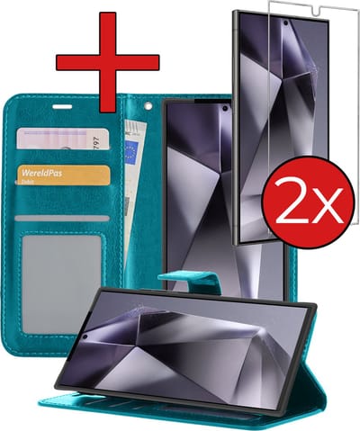 Hoesje - Met 2x Screenprotector - Geschikt voor Samsung Galaxy S24 Ultra - Luxe Pasjeshouder - Flip Case - Bookcase Portemonee - Kunstleer Book Case - Flipcase Hoes - Book Cover - Walletcase - Portemonneehoes - Telefoonhoes - Turquoise