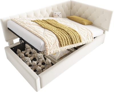 Wishdor Bedbank 90x200 cm - L-vormig met hydraulische opbergruimte - Fluweel - Beige - Creëer een rustieke lounge met verborgen opberger