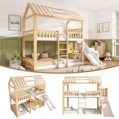 VVBV Stapelbed 90x200 cm - Lattenbodem, Glijbaan, EN747, Grenenhout, Massief Hout, Wit, Zonder Matras, Opbergplanken