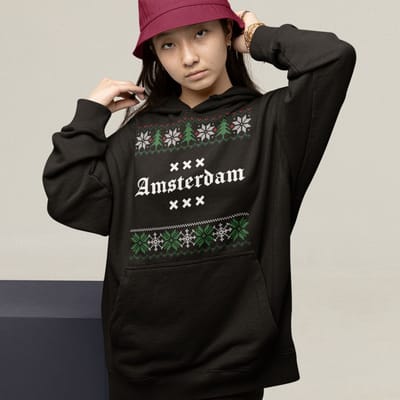 Amsterdam Kerst Hoodie Zwart Logo Snowy Trees - Maat XS - Uniseks Fit - Kerstkleding Voor Dames & Heren