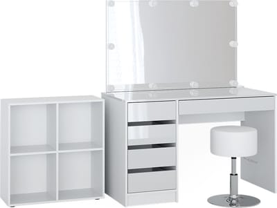 Vicco Sherry Kaptafel – 120 cm 4 delen, met schap, spiegel, kruk, LED Wit