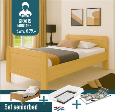 Seniorenbed Compleet elektrische set ledikant seniorenbed 90x200 cm beuken + 42-lats Elektrisch Verstelbaar + Diva De Luxe 7 zone pocketveermatras